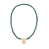 Malachite Knotted Gemstone Necklace with Ribbed Heart of Gold