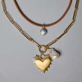 Mixed Link Charm Clip Necklace wth Heart of Gold and Baroque Pearl