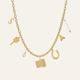 Personalized Mally Goldman Charm Necklace: Letter Charm, MAMA Compass Key, Cloud Pearl, Etched Vesta Case, Fortuna Horseshoe, Frog, Divine Spark Matchstick on Chunky Chain