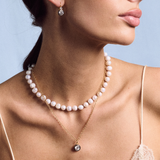 Rhodium Double Drop Bezel Earrings, Rhodium Bezel Charm Necklace, and Pearl Necklace