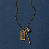 Mini Belcher Chain, Rhodium Bezel Charm, Amor Fati, and Large Divine Spark Matchstick
