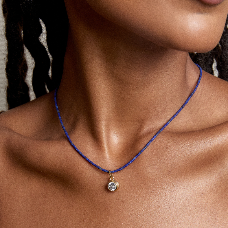 Teeny Lapis Necklace with Bezel Charm