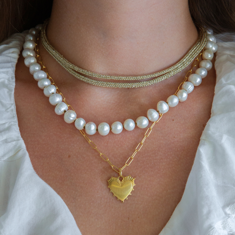 Gold Lurex Cord, Pearl Necklace, and Small Heart of Gold Necklace