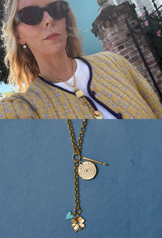 HART founder, Hart Hagerty; Chunky Rolo Charm Clip Lariat Necklace with Dream Bigger Coin, Large Divine Spark Matchstick, Turquoise Enamel Heart, Small Luck and Love Clover 