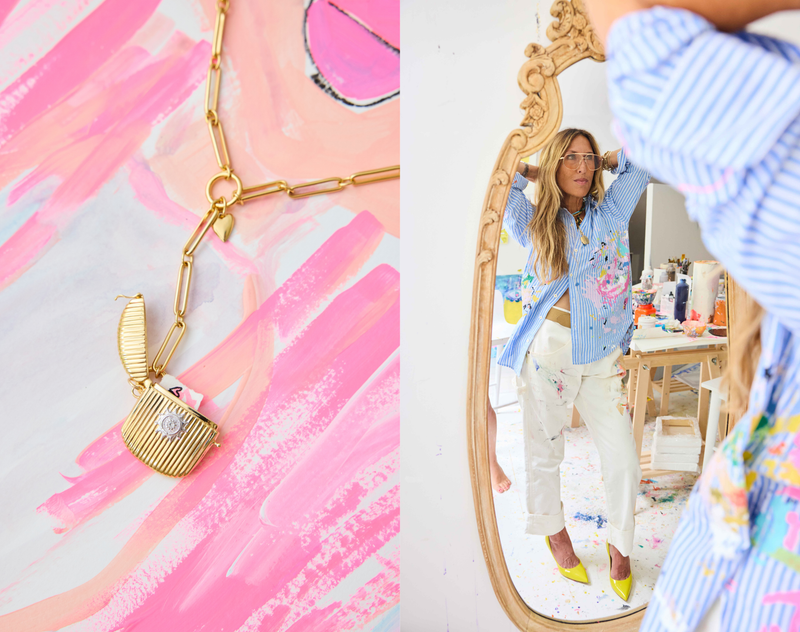 Artist, Kerri Rosenthal wears HART jewelry. She is seen wearing the turquoise tennis necklace, the green cord, small luck and love clover, love and fear coin, fortuna horseshoe charm, mini enamel heart charm, smiley face charm. She also wears the mixed link charm clip lariat necklace with a ribbed vesta case charm. 