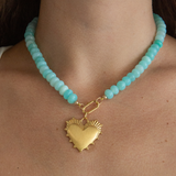 Light Sky Blue Opal Gemstone Necklace with Heart of Gold Charm