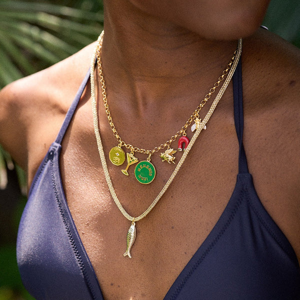 lurex cord silver fish martini charm loaded necklace