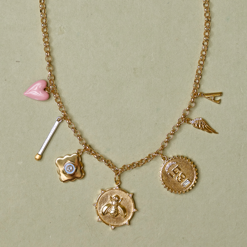 Pink Enamel Heart Charm on custom HART charm necklace. Gift with storytelling and meaning. Intentional jewelry. Matchstick charm, bee charm, angel wing charm, letter charm, let go charm 