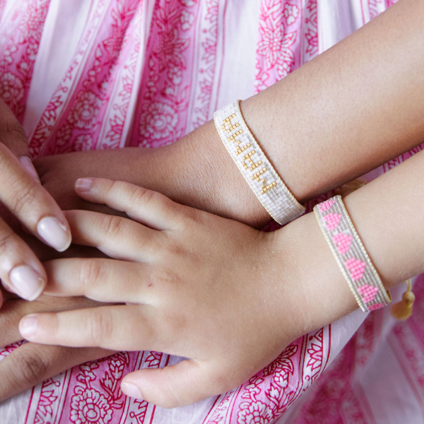 Mini & Me: Small White & Gold MAMA + Pink Kids Hearts Beaded Bracelet Set