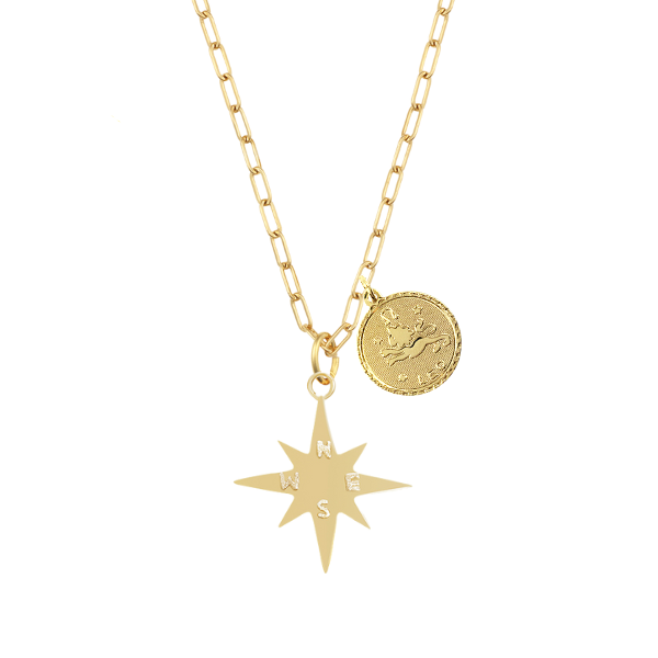 Personalized Compass Star Necklace with Zodiac Charm