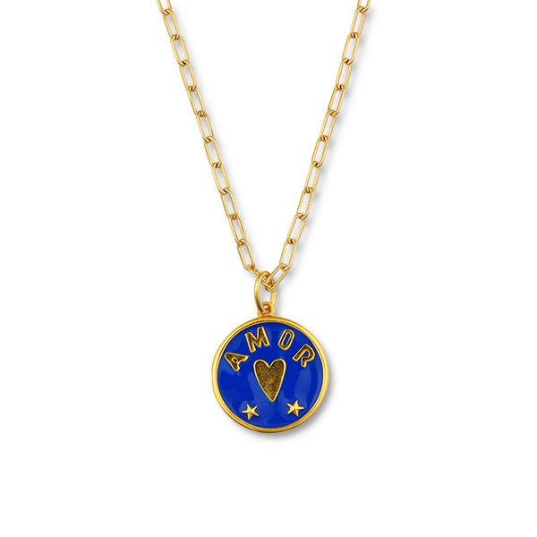 AMOR text with heart and two stars enamel blue round charm on heirloom chain