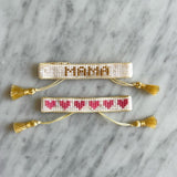 Mini & Me: Small White & Gold MAMA + Pink Kids Hearts Beaded Bracelet Set