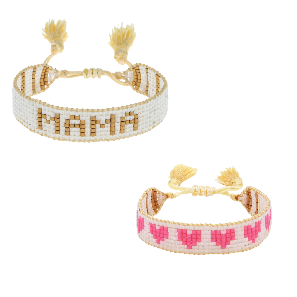 Mini & Me: Small White & Gold MAMA + Pink Kids Hearts Beaded Bracelet Set