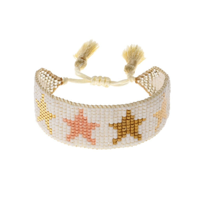 Kids Bracelet with Stars - Gold and White glass beads with  pull tight tassels. 4 stars across top of bracelet